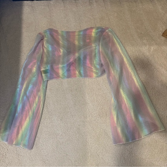 Shein Shimmery Rainbow Sheer Crop Top Long Bell Sleeve - Picture 5 of 5